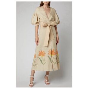 Silvia Tcherassi Cameron Linen Blend Floral Beige Dress with Puff Sleeves